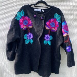 100% Wool Oversized Black Embroidered Cardigan